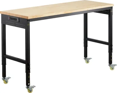 Immagine prodotto di Banco da lavoro SucceBuy 1524x559x711-1030 mm, portata 907 kg, tavolo da lavoro con zoccolo, rotelle e pannello portautensili, tavolo robusto con piano in rovere per garage, officina, ufficio e casa