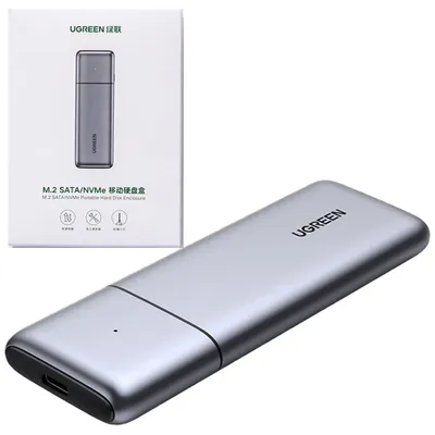 A product shot of a Ugreen M.2 NVMe/SATA SSD enclosure and its packaging.