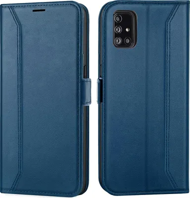 A blue flip case for a Samsung Galaxy A51 phone is shown from the front and back.