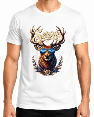 Productafbeelding van Servus Hirsch Geweih zonnebril, traditioneel shirt, leren broek, dirndl, heren T-shirt, wit, maat S
