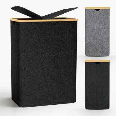 Immagine prodotto di Cesto per la biancheria Unyqoos® con coperchio – 140 L, 2 scomparti e sacchi per la biancheria rimovibili, pieghevole, design elegante con struttura in legno, ideale per camera da letto e bagno