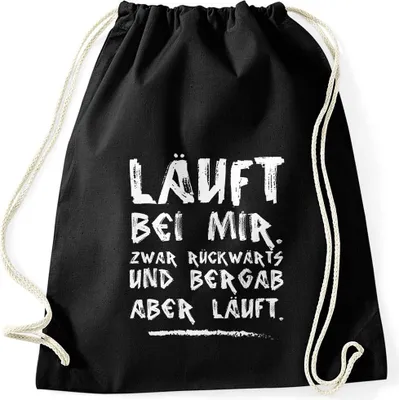Produktbild von Turnbeutel mit Spruch Läuft bei mir, zwar rückwärts und bergab aber läuft Gymsac Moonworks® schwarz unisize