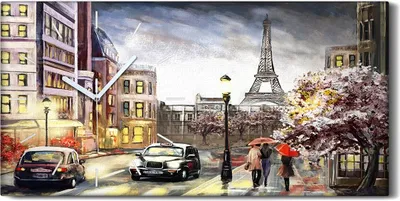 Produktbild von Leinwand Wanduhr Wandkunst Uhr Quarz 60x30 Gemälde Straßenansicht von Paris - weiße Hände