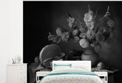 Produktbild von MuchoWow® Fototapete für Wohnzimmer oder Schlafzimmer Wandtapete Vinyl Motivtapete Stilleben - Obst - Schwarz - Weiß - 300x240 cm - Fototapeten