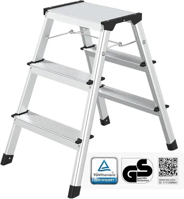 Produktbild von Trittleiter - Tritt Leiter Aluminium - Trittleiter 3 Stufen klappbar - Klappleiter bis 150 kg belastbar - Haushaltsleiter, Aluleiter (2 x 3 Stufen)