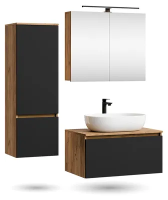 Produktbild von ARISA Badmöbel Set inkl. Hochschrank in Schwarz - Mit Spiegelschrank "ARIA" und weißem Keramik-Aufsatzwaschbecken 60 cm