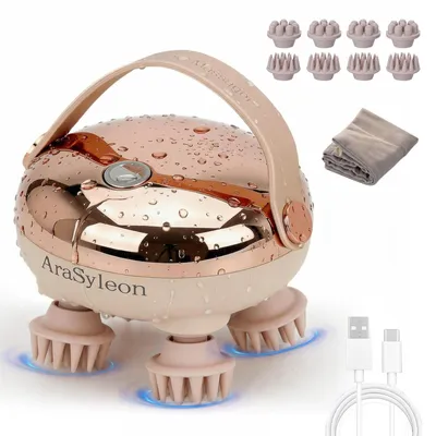Produktbild von AraSyleon Intelligentes Elektrisches Kopfhaut massagegerät, Kabelloses Kopfmassagegerät, Nass- und Trockenanwendbar, 8 austauschbare Silikonaufsätze