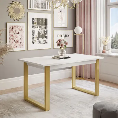 Produktbild von Ausklappbarer Tisch ART 150-198 cm, Gold Matt / Weiß Matt