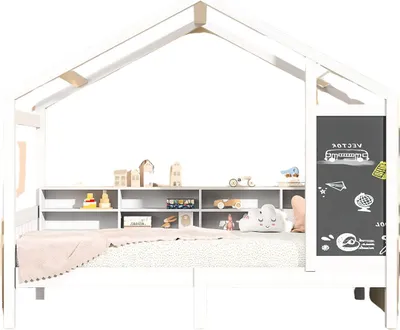 Immagine prodotto di Letto per bambini 140x200 cm – Letto a casetta Montessori in legno massello – Letto a casetta per bambini con tetto, protezione anticaduta e ripiano – Senza materasso
