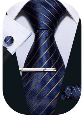 Immagine prodotto di Set da uomo: cravatta in seta con motivo paisley blu, fazzoletto da taschino, gemelli e fermacravatta. Ideale per matrimoni e feste