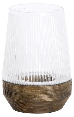 Produktbild von Light & Living Windlicht MINAS Rippenglas klar mit Dunkelbraunem Holz – Ø18x26 cm