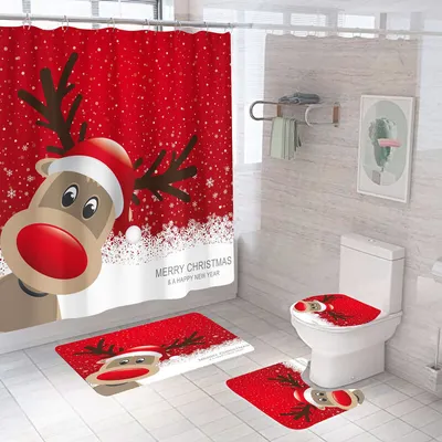 Image de (Elan) Rideau de douche de Noël, set de 4 pièces avec tapis antidérapant, housse de toilette et tapis de bain, rideau de douche de Noël