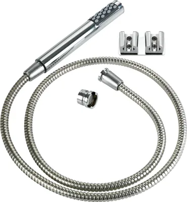 A shower head, hose, and mounting hardware are laid out on a white background.