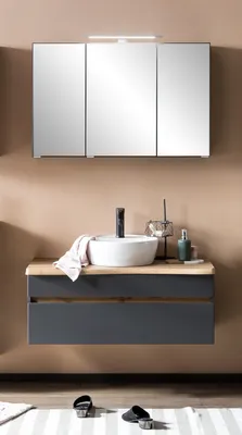 Produktbild von Waschtisch-Set "Villach" aus MDF in matt grau mit einer Schublade und 3 Türen. Abmessungen (B/H/T) 100x200x47 cm