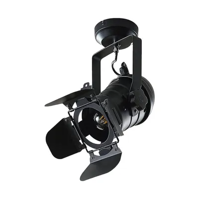 A black metal spotlight fixture is shown against a white background.