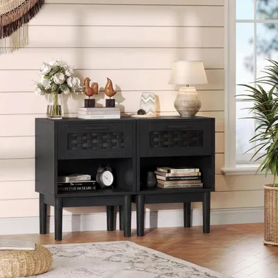 Immagine prodotto di Tavolino da comodino in rattan, set da 2, colore nero, dimensioni 40x30x55 cm, con cassetto e vano aperto