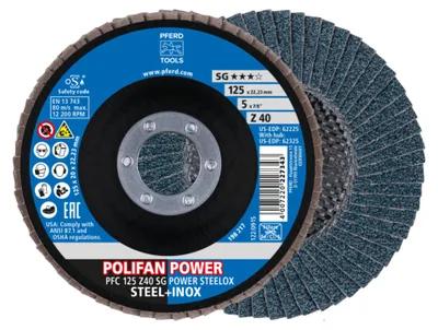 Image de PFERD TOOLS POLIFAN POWER Disque à lamelles PFC conique corindon zirconien SG STEELOX Acier/acier inoxydable
