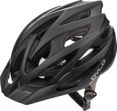 A black bicycle helmet is shown from a slightly elevated side angle against a white background.
