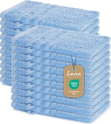 Produktbild von Lavea® 20er Waschhandschuh Set Elena, 100% Baumwolle Frottee, Waschlappen saugstark & weich, für Körper und Gesicht, 60 °C, trocknergeeignet, Delphinblau, 15 x 21 cm