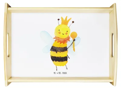 Produktbild von Mr. & Mrs. Panda Tablett Biene König - Weiß - Geschenk, Servier, aus holz, Bett-Tablett, sofatablett, Serviertablett