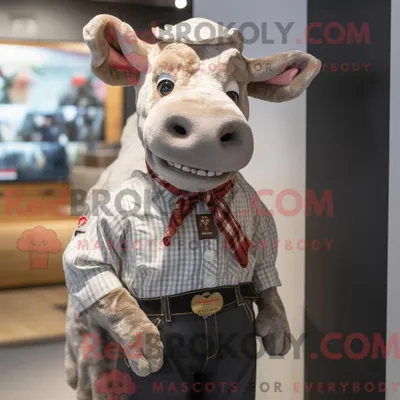 Immagine prodotto di Personaggio mascotte REDBROKOLY di un manzo alla Stroganoff vestito con una camicia abbottonata e fazzoletti da taschino