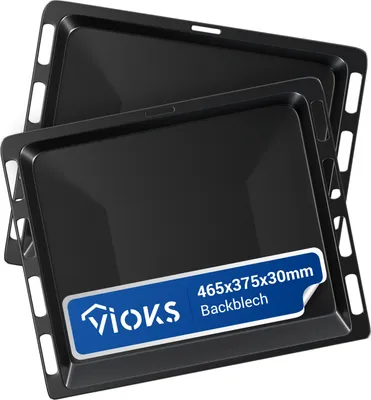 Two black baking trays stacked on top of each other, with a label on the front tray.