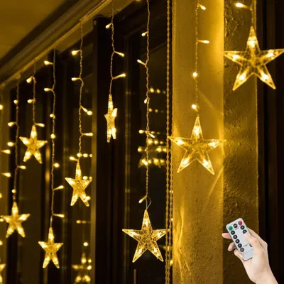 Produktbild von Lichtervorhang Stern Lichterkettenvorhang USB 9Modi Stimmungslichter Weihnachtsbeleuchtung für Fenster Tür Innen Sternenvorhang Warmweiß