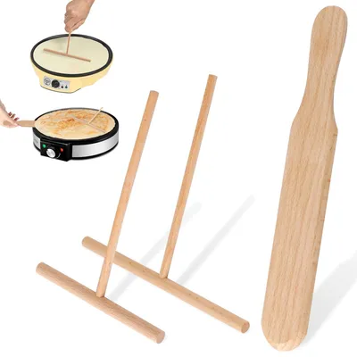 Produktbild von Set mit 3 Crêpe-Pfannen aus Buchenholz, T-förmige Teigverteiler