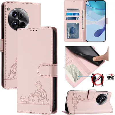 Produktbild von Leder Hülle für OnePlus 12 Süße Katze Flip Case Brieftasche Schutzhülle mit Standfunktion Pink
