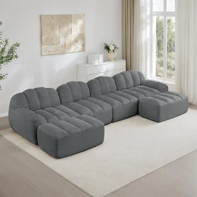 Produktbild von Modulares U-Form Sofa 4-Sitzer, 2 Ottomans, Muschelform, Boneless, 32D Hochdichtschaum, tiefe Sitzfläche, weicher Stoff, Wohnzimmer