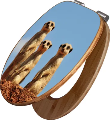Produktbild von banjado Design WC Sitz Bambus Absenkautomatik -Erdmännchenfamilie - Toilettendeckel mit Absenkautomatik Holz/hochwertiger Bambus Klodeckel/WC-Sitz für alle gängigen Toiletten [TDB2 10297]