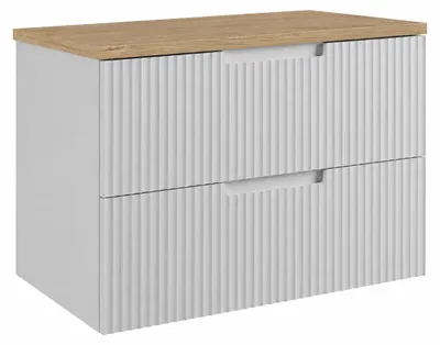 Obrázek produktu pro Závěsná skříňka do koupelny, rozměry 80 x 46 x 58,6 cm, s zásuvkami, korpus bílý, deska světlá dýha z dubu, s úchytkami, Obrázek vytvořený pomocí AI