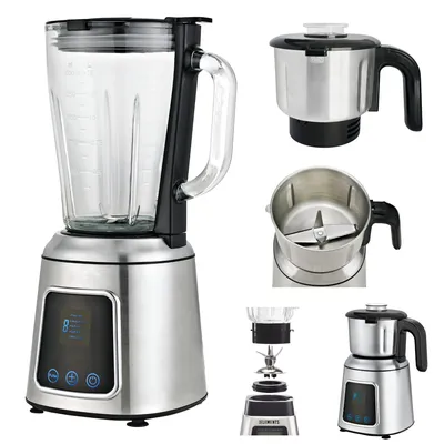 A collage of a multi-functional blender and its attachments, presented on a white background.