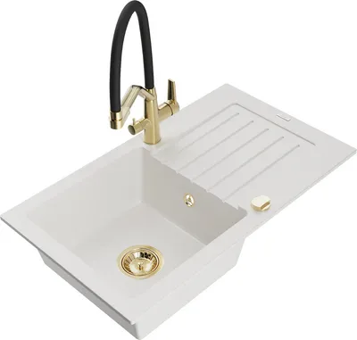 Produktbild von Mexen Pablo 1 Becken-Granitspüle mit Abtropffläche und Mischbatterie Duo, Weiß - 6510-20-671701-57-G