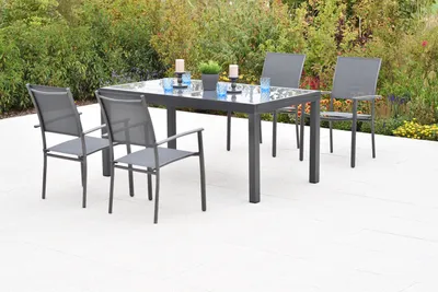 Produktbild von Merxx "Milano" Set 5tlg., 4 Stapelsessel, Ausziehtisch 150 (210) x 90 cm, grau, Aluminium/Textil