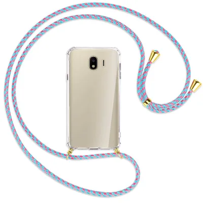 Produktbild von Handykette Backcover-Schutzhülle mit Band (Metall goldfarben) für Samsung Galaxy J4 2018 - pink/mint