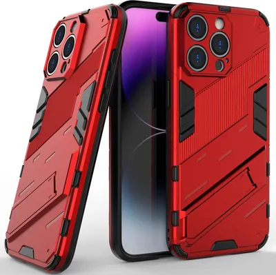 Produktbild von Armor Hülle für iPhone 14 Pro Max, Hybrid PC TPU Bumper Stoßfestes Schutzhülle mit Standfunktion Rot