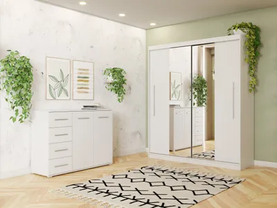 Produktbild von Schwebetürenschrank Kleiderschrank Schrank zweitürig 204 cm Kommode 135 cm und LED Beleuchtung Weiß/Weiß Torino Frida 01