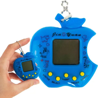 A hand holds a small blue apple-shaped digital pet toy next to a larger one.