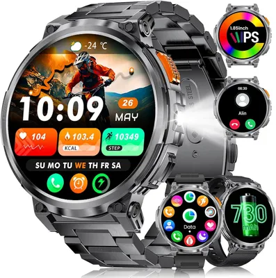 Herren-Smartwatch mit Taschenlampe,730 mAh, Telefonfunktion, Fitness 133 Sportmodi, IP68 SpO2  Herzfrequenzmessung