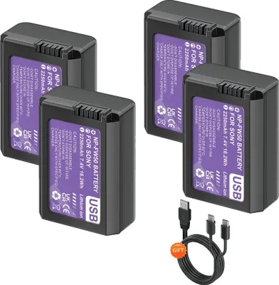 Obrázek produktu pro Baterie NP-FW50, kapacita 2250 mAh, nabíjecí port USB-C, 4 kusy baterií NP-FW50