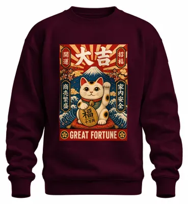 Immagine prodotto di Felpa con cappuccio, stile "maneki neko" (gatto portafortuna giapponese), ispirata all'arte "ukiyo-e" e al periodo Y2K, colore bordeaux, taglia XL