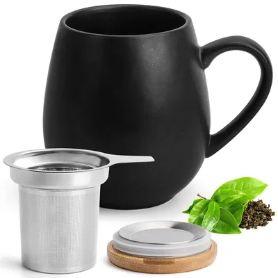 Teebecher XXL 550 ml mit Deckel und Sieb, schwarz, gestippelt