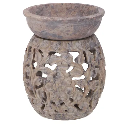 Produktbild von Indische Duftlampe, ätherisches Öl Diffusor, Teelicht Halter für Aromatherapie, Aromalampe aus Speckstein - Rund Blumenranke 2, Creme-weiß, 10*7,5*7,5 cm, Duftlampen & Öllampen