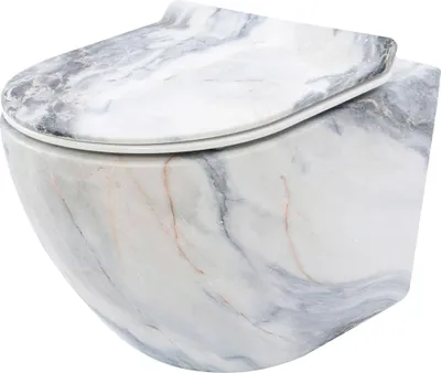 A wall-mounted toilet with a marble-like pattern.