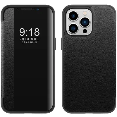 Obrázek produktu pro Pouzdro pro iPhone 14 Pro tenkéPolyuretankožené klopové pouzdro s okénkem pro zobrazení černé