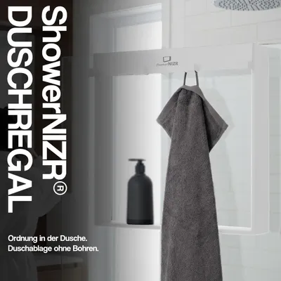 Produktbild von ShowerNIZR® Duschregal Arctic White - Duschablage ohne Bohren für Duschwand zum Hängen aus Edelstahl mit 4 Haken