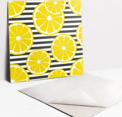Produktbild von Fliesenaufkleber Set - 9 Stück Selbstklebende PVC Fliesen-Designs - Für Bad und Küche 30 x 30 - Zeichnen von Zitronenscheiben