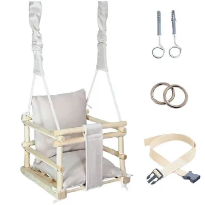 Image de Balançoire pour enfants Lumali 3 en 1 avec ceinture de sécurité, balançoire pour bébés à la maison, balançoire d'intérieur ou d'extérieur, avec siège moelleux, réglable en hauteur,  beige