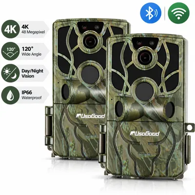 Zdjęcie produktu dla 2 sztuki kamery dzikiej przyrody 4K, 48 megapikseli, z Wi-Fi i Bluetooth, z czujnikiem ruchu, funkcją nocnej obserwacji, kartą 32 GB i 8 bateriami AA